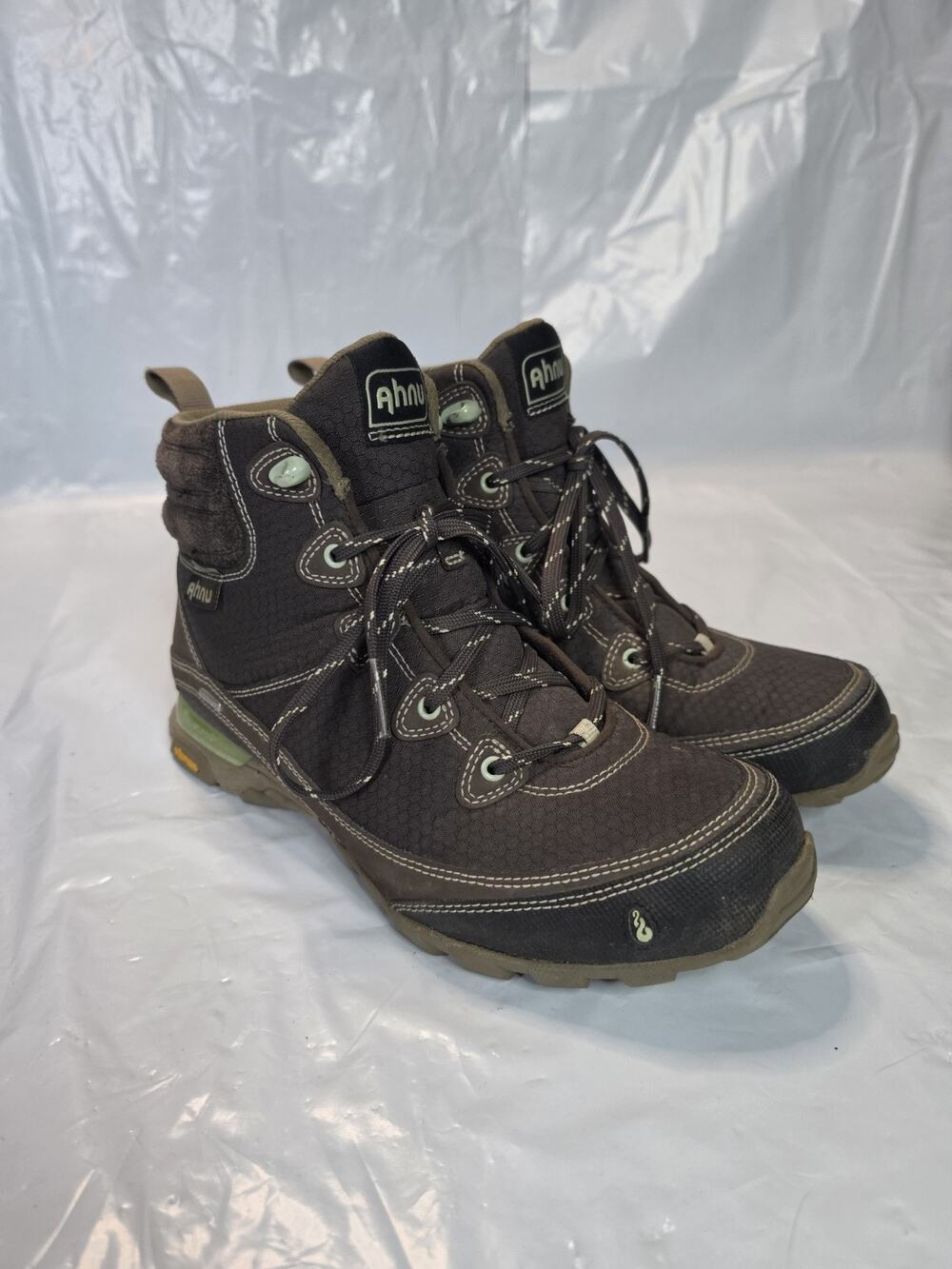 Ahnu Montara Womens 8.5 Hiking Work Boots Waterproof Brown Sage Green Vibram